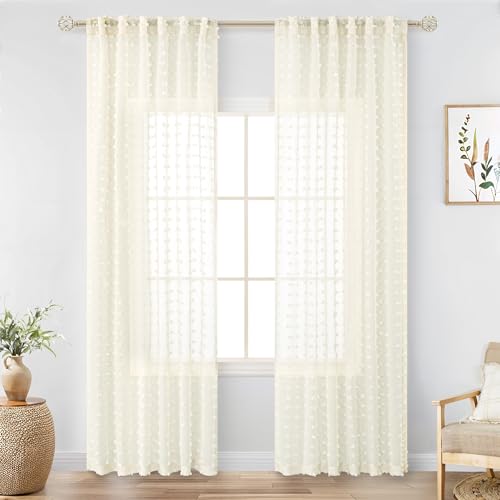 Cream Sheer Curtains for Living Room 84 Inch Length Ivory Pom Pom Boho Sheer Curtains 2 Panels Set Back Tab Country Farmhouse Shabby Chic Semi Sheer Window Drapes for Bedroom Nursery 84 Inches Long - color: Cream, size: 52"W x 84"L (Pack of 2)