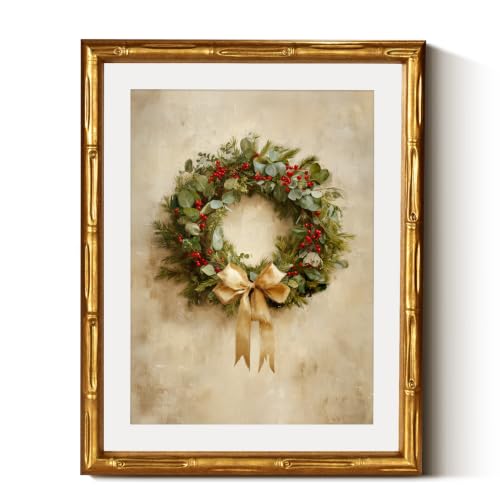 InSimSea Gold Bamboo Framed Christmas Wall Art, Retro Berry Wreath, 11x14In - color: Christmas Berry Wreath