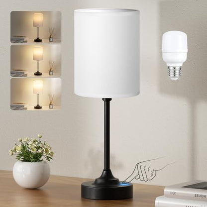 Fenmzee Small Bedside Lamp for Bedroom - 3-Way Dimmable Touch Table Lamp - color: White Shade-Black Base, size: 14"
