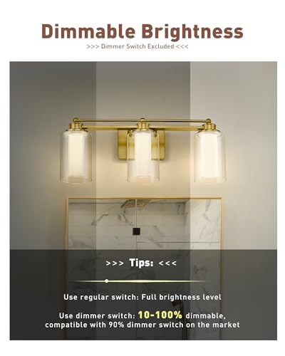 HWH 3-Light Bathroom Vanity Light, Clear Glass, Dimmable, 5HLT63B-3W-LED BG - color: Brushed Gold + LED, size: 3 Lights