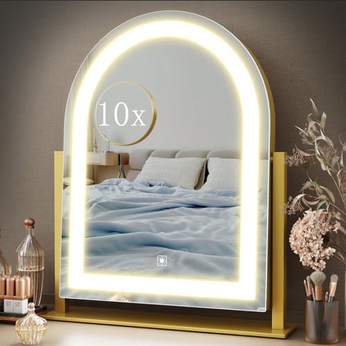 Gvnkvn Arched 15.2 in Lighted Makeup Mirror, 10X Magnifiers - color: Gold, size: 15.2"L x 13"W