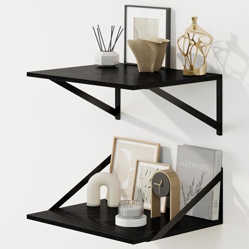 Fun Memories Floating Shelves for Wall, 12 Inch Deep Floating Shelves Set of 2, 16W x 12D Large Wall Shelf with Sturdy Metal Brackets for Living Room, Bathroom, Bedroom and Kitchen, Black - color: Black, size: 16"L x 12"D