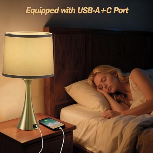 Touch Table Lamps Set of 2, 21" Bedside Lamps with USB C+A - color: Gold & White Shade
