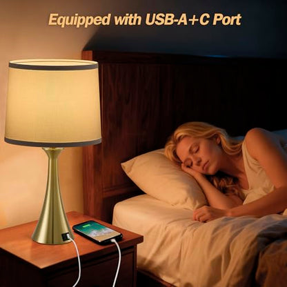 Touch Table Lamps Set of 2, 21" Bedside Lamps with USB C+A - color: Gold & White Shade