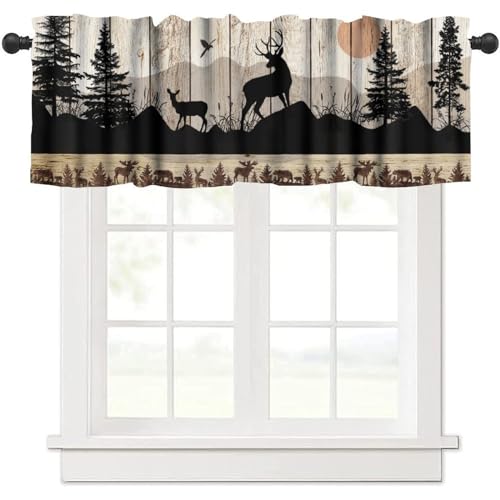 Retro Cabin Valance, Rustic Farmhouse Wooden Barn Door Wild Animals Deer Country Misty Forest Coniferous Trees Print Short Window Curtains for Kitchen Bedroom, 54x18inch - color: Deer-4
