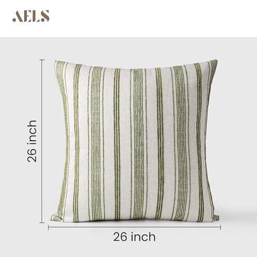 AELS 26x26 Decorative Farmhouse Linen Throw Pillow Covers, Beige with Olive Green Chenille Striped Pillow Case, Set of 2, Boho Textured Cushion Cover for Sofa Couch Living Room (Cover ONLY) - color: Beige With Olive Green, size: 26" x 26" (Pack of 2)
