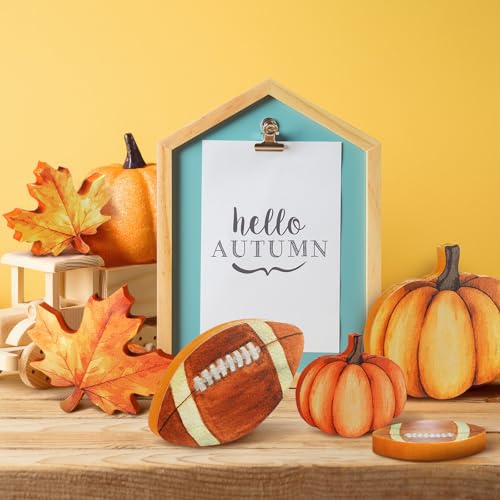 Bencailor 12 Pcs Fall Table Decor Wooden Pumpkins Maple Leaf Fall Football Tiered Tray Decor Thanksgiving Centerpiece Autumn Football Decorations for Home Kitchen Desk Office Party - style: Innovative