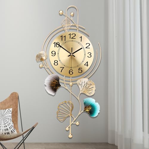 FILLOVE Elegant Metal Wall Clock with Silent Round dial and Gold and Blue Leaves, Modern Non-Walking Silent Metal Wall Clock for Living Room, Bedroom, Study, Office (25in*12in) (Gold Leaf) - color: Gold Leaf