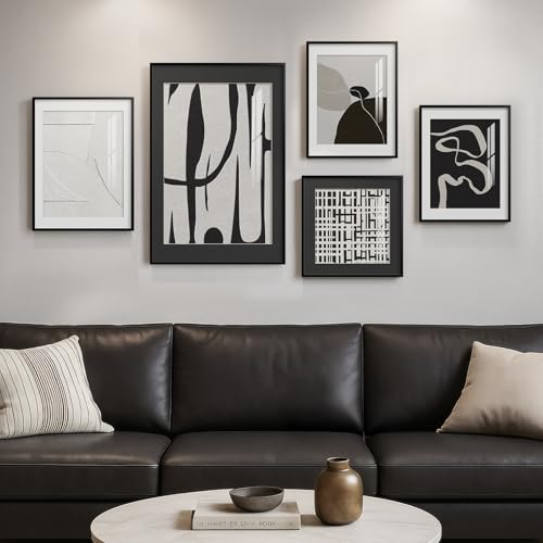 Framed Black and White Modern Abstract Wall Art for Living Room, 5 Piece - color: Minimalist