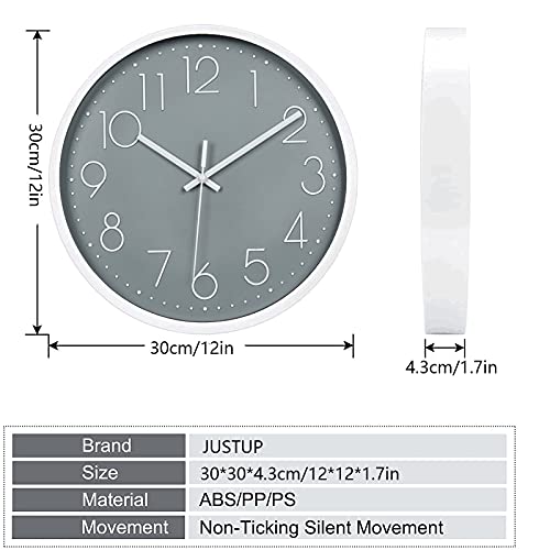 JUSTUP 12 inch Non-Ticking Wall Clock, Battery Operated Modern Wall Clock - color: Gray