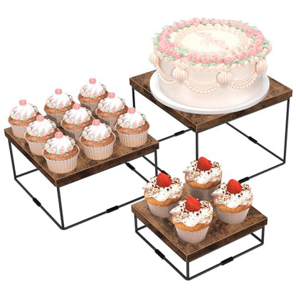 ELITEROO Buffet Risers and Stands, 3 Tier Wood Display Risers, Rustic Brown - size: 6"x7"x8"