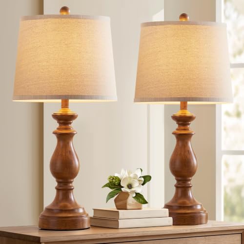 PARTPHONER Traditional Table Lamp Set of 2, Rustic Farmhouse Table Lamps for Living Room Bedroom, 27" Bedside Desk Lamps Vintage Nightstand Lamps with Linen Shades, Wood Grain - color: Wood Grain, size: 27 Inch