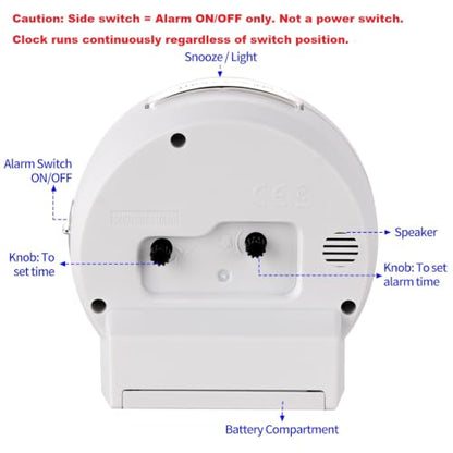 Tinload 4.3" No Ticking Analog Alarm Clock,Silent Readable for Seniors,Easy to Set,Gradual Rise Alarm,Big Numbers,On/Off Switch on Side,Gentle Wake,Snooze,Lighted on Demand,Battery Operated,White - color: White