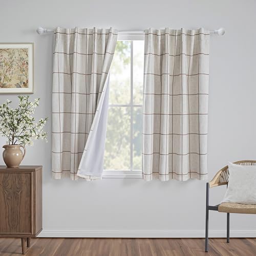 MYSKY HOME 100% Blackout Plaid Linen Curtains 45 Inches Long Double Layer Farmhouse Thermal Insulated Checkered Print Drapes with Rod Pocket Back Tab for Small Window, 2 Panels, 52" Wide, Brown - color: Brown, size: 52"W x 45"L (Pack of 2)