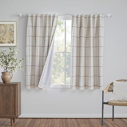 MYSKY HOME 100% Blackout Plaid Linen Curtains 45 Inches Long Double Layer Farmhouse Thermal Insulated Checkered Print Drapes with Rod Pocket Back Tab for Small Window, 2 Panels, 52" Wide, Brown - color: Brown, size: 52"W x 45"L (Pack of 2)
