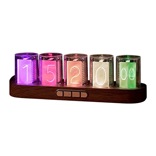 Adventurers Simulation Nixie Tube Clock, RGB Desk Clock, LED Tube Desk Clock with Imitation Wood Base & 24 Hour Clock, Suitable for Decorating Under Computer Monitor & on Bedside Table in Bedroom