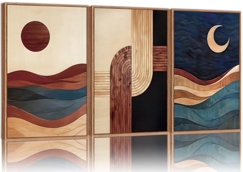 SIGNINART Boho Mid Century Modern Framed Canvas Wall Art, Bohemian Geometric Wall Decor, Abstract Sun and Moon Artwork,Beige and Black Wooden Art Paintings for Living Room Bedroom Office 16"x24"x3 - color: Sun and Moon, size: 24"L x 16"W
