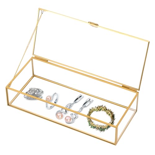MYFULLY Vintage Gold Glass Jewelry Box with Lid (9 x 3.9 x 2 inch) - size: 9 x 3.9 x 2 inch