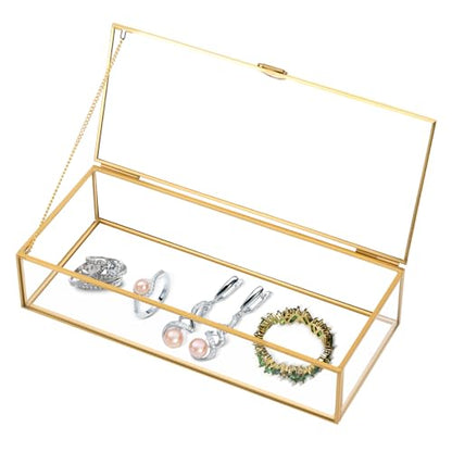MYFULLY Vintage Gold Glass Jewelry Box with Lid (9 x 3.9 x 2 inch) - size: 9 x 3.9 x 2 inch