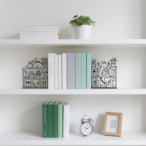 Metal Bookends Dragon Book Ends for Shelves - color: Black - 1 Pair Dragon & Bookshelf