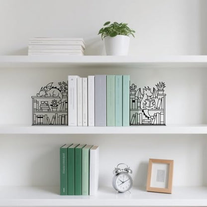 Metal Bookends Dragon Book Ends for Shelves - color: Black - 1 Pair Dragon & Bookshelf
