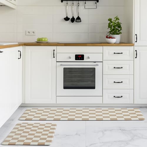 Ohocut Checkered Kitchen Mats for Floor Set of 2, 2 Pcs Beige Khaki Cushioned Non Slip Runner Rugs for Kitchen/Sink/Laundry, Comfort Aesthetic Cute Anti-Fatigue Foam Floor Mat 17.3"x29.5"+17.3"x47.2" - color: Beige