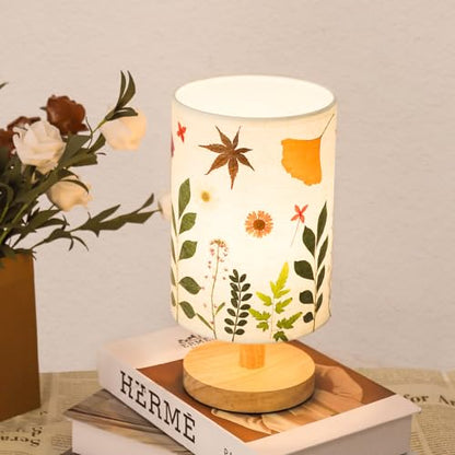 Pressed Flowers Table Lamp 5W LED 3Color Temperatures Dried Flower Bedside Lamp Linen Shade with Wood Base for Bedroom Living Room Desk Office - color: Leaf-3-Color