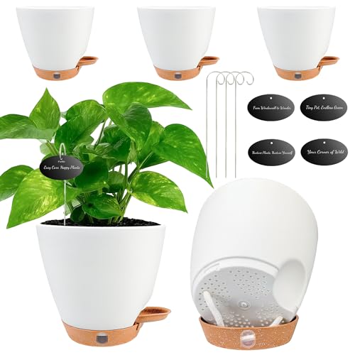 6" Self Watering Pots for Indoor Plants, 5-Pack Small Plastic Planters - color: White, size: 5 Pack 6 Inch