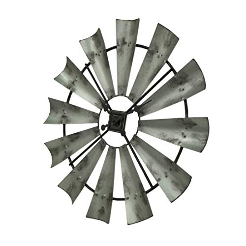 Distressed Grey Rustic 30 Inch Metal Windmill Wall Clock | 12 Blades Mark the Hours, Quartz Movement, 1 Inch Projection, Requires 1 AA Battery