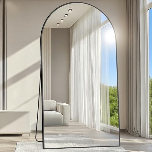 Prywot Full Length Mirror, Oversized 77"x38" Arched-Top Floor Mirror, Black - color: Black, size: 77"L x 38"W
