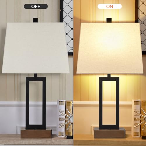 Lolikit Table Lamp for Bedroom Set of 2 with 2 USB Ports and AC Power Outlet, 23.5" Modern Bedside Lamp, Wood Nightstand Lamp with Linen Shade for Living Room Hotel Desk(LED Bulb Included) - color: Beige - 23.5"H