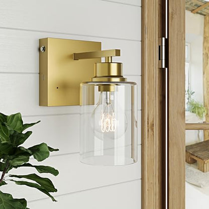 Rayogale Wireless Battery Operated Wall Sconce Set of 2 with Remote Control | Gold Dimmable Rechargeable Wall Lights with Timer, Easy Install Glass Lamp for Living Room Bedroom, Emergency 3000K - color: Gold(Clear Lampshades)