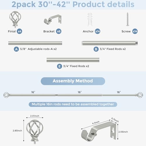 2 Pack Silver Curtain Rod 30-42 Inch, Adjustable Curtain Rods for Windows - color: Antique Silver, size: 30"-42"|2 Pack