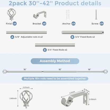 2 Pack Silver Curtain Rod 30-42 Inch, Adjustable Curtain Rods for Windows - color: Antique Silver, size: 30"-42"|2 Pack