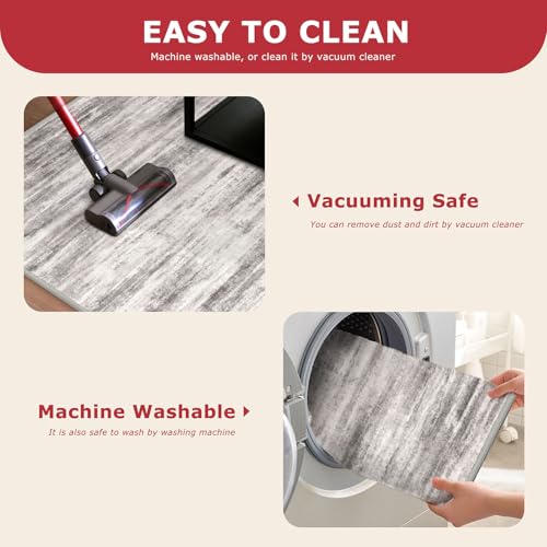 KOZYFLY Modern Abstract Small Area Rugs 2x3, Washable Kitchen Rug Non-Slip Soft Small Bathroom Rug, Grey/Light Beige/Brown Striped Entryway Rugs Abstract Print Faux Wool Doormat - color: Grey/Light Beige/Brown, size: 2' x 3' (Rectangular)