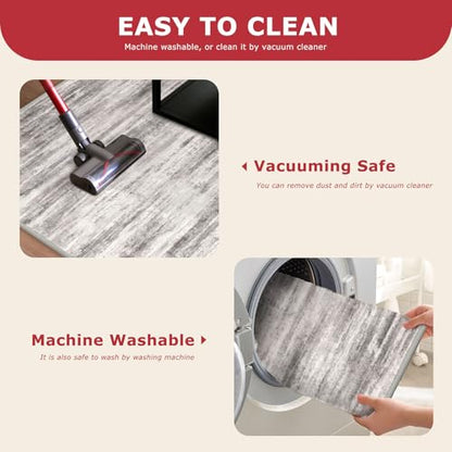 KOZYFLY Modern Abstract Small Area Rugs 2x3, Washable Kitchen Rug Non-Slip Soft Small Bathroom Rug, Grey/Light Beige/Brown Striped Entryway Rugs Abstract Print Faux Wool Doormat - color: Grey/Light Beige/Brown, size: 2' x 3' (Rectangular)