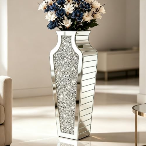 27" Tall Diamond Mirrored Floor Vase Silver Glass Decor for Flower No Water - color: Luo Di Diamond Silver