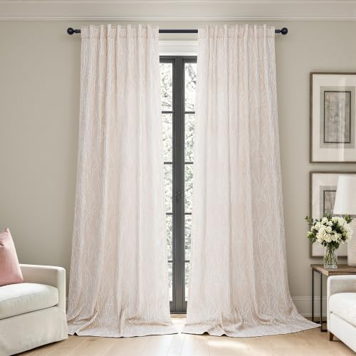 Light Beige Patterned Curtains 96 Inch Long for Living Room Dining 2 Panels Back Tab Pocket Tree Botanical Design Toile Bold Room Darkening Drape Light Filtering Linen Colored Curtain Modern Farmhouse - color: Beige, size: 52"W x 96"L (Pack of 2)