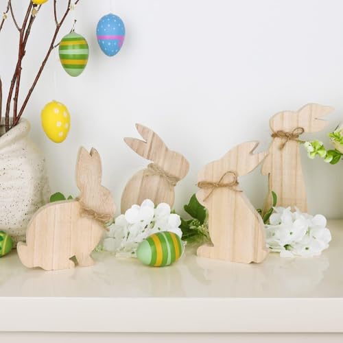 Easter Decorations: 4 pcs Rustic Wooden Easter Bunny Table Signs, Farmhouse Freestanding Tiered Tray Decor for Home Gifts, White