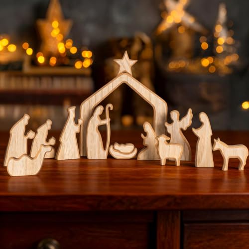 NEROSUN 13Pcs Wooden Christmas Nativity Scene Set - color: Wooden Nativity Scene