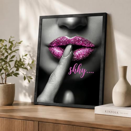 Black Framed Pink Lips Wall Art, Glam Pictures Wall Decor, 12x16 in - color: Pink-Shhy