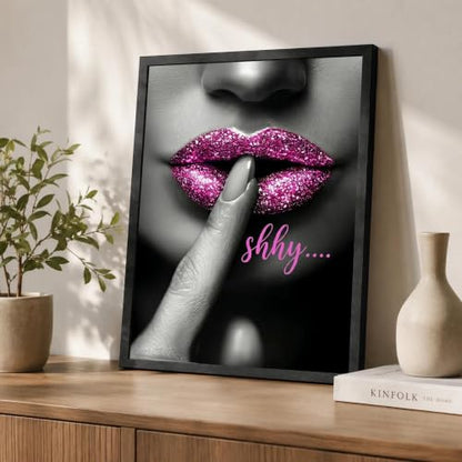 Black Framed Pink Lips Wall Art, Glam Pictures Wall Decor, 12x16 in - color: Pink-Shhy