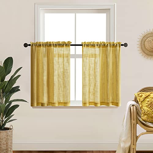 Mustard Yellow Kitchen Curtains Retro Vintage 70s Rod Pocket Small Semi Sheer Honey Gold Short Curtains for Bedroom 2 Panels Set Bathroom Decor Living Room Bay Windows Decorations 36 Inch Length - color: Yellow, size: 25"W x 36"L (Pack of 2)