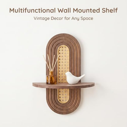 Floating Rattan Shelves for Wall Set of 2, Mid Century Modern Wall Plant Holder, Boho Wall Decor for Home, Bedroom, Living Room, House, Apartment