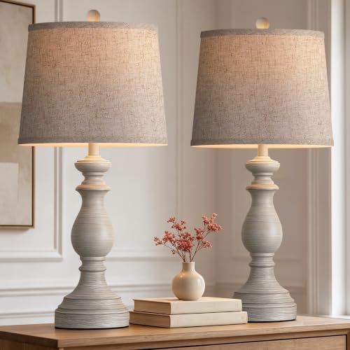PARTPHONER Traditional Table Lamp Set of 2, Rustic Farmhouse Table Lamps for Living Room Bedroom, 27" Bedside Desk Lamps Vintage Nightstand Lamps with Linen Shades, Antique Grey - color: Antique Grey, size: 27 Inch