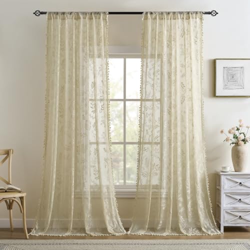 Kotile Natural Beige Sheer Curtains 90 Inches Long, Boho Floral Lace Panels - color: Beige, size: 52"W x 90"L (Pack of 2)