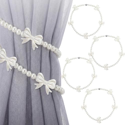 Lewtemi 4 Pcs Magnetic Curtain Tiebacks Decorative, Pearl Strand Bow - style: Pearl Strand Bow