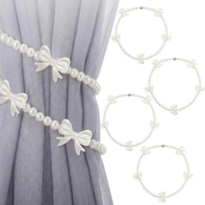 Lewtemi 4 Pcs Magnetic Curtain Tiebacks Decorative, Pearl Strand Bow - style: Pearl Strand Bow