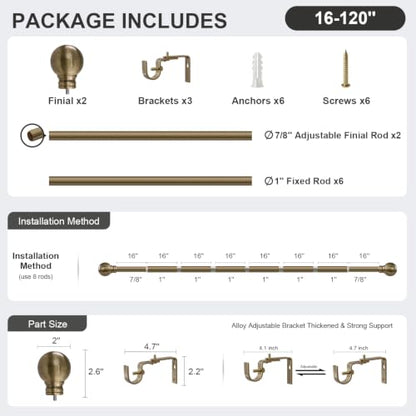 Antique Bronze Curtain Rods 16-120 Inch Heavy Duty 1 Inch Diameter - color: Bronze, size: 16"-120"|1 Pack