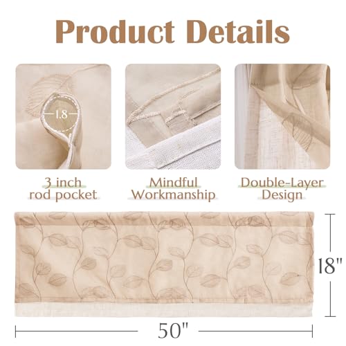 jinchan Linen Valance Curtain Beige Sheer Leaf Embroidered 18 Inch 1 Panel - color: Leaf Beige